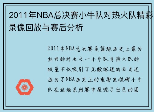 2011年NBA总决赛小牛队对热火队精彩录像回放与赛后分析